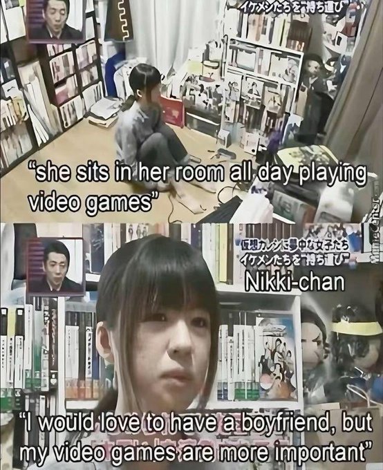 The image is a meme featuring "Nikki-chan," a Japanese girl with pigtails, shown sitting in her cluttered room surrounded by books and games, with quotes like "she sits in her room all day playing video games" and "I would love to have a boyfriend, but my video games are more important." The post calls her a "legend," celebrating her dedication to gaming over romance.