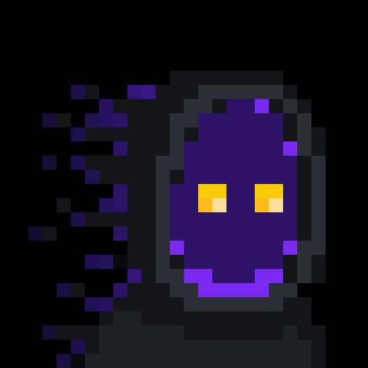 A pixel art character in dark purple and black with a hooded cloak features glowing yellow rectangular eyes, depicted with disintegrating pixel fragments trailing from its left side against a black background. The image visually represents a hooded, ultraviolet-skinned figure with halogen eyes, matching the described trait lineage for a $ZEC (Zcash) themed crypto collectible.