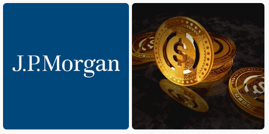 Hình ảnh ghép logo “J.P. Morgan” với các đồng tiền mã hóa vàng mang biểu tượng “$”, minh họa thông tin JPMorgan đang cân nhắc phát hành stablecoin riêng.