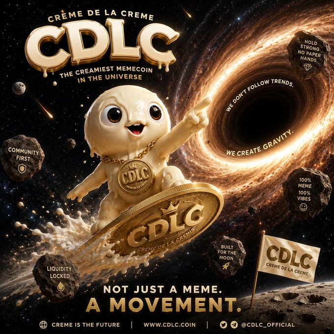 A promotional poster for "CDLC CRÈME DE LA CREME" meme coin featuring a cute mascot riding a gold coin through space near a black hole, with text including "THE CREAMIEST MEMECOIN IN THE UNIVERSE," "NOT JUST A MEME. A MOVEMENT," and "WE DON'T FOLLOW TRENDS, WE CREATE GRAVITY."