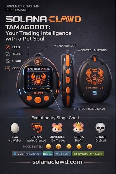 A promotional infographic for 'SOLANA CLAWD TAMAGOBOT' showcasing a digital pet device with stats, control buttons, and an evolutionary stage chart from egg to ghost.