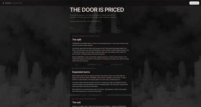 A dark webpage titled "THE DOOR IS PRICED" from Standard Community Sites, describing the Standard token mechanism with sections for "The split" and "Expansion burns".