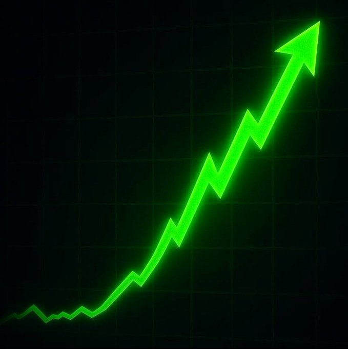 A glowing green zigzag line forms an upward-trending arrow on a dark gridded background.