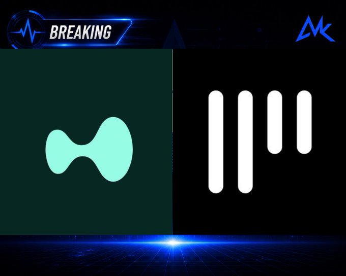 A news-style graphic with a 'BREAKING' banner showing two glowing teal logos side by side: a bowtie-shaped icon on the left and the 'iiiii' symbol on the right.