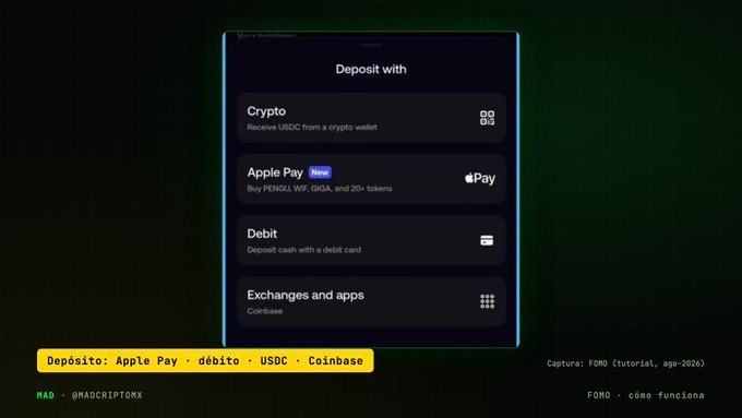 A dark-themed interface displays a 'Deposit with' menu offering Crypto, Apple Pay (marked 'New' for PENGU, WIF, GIGGLA, and 20+ tokens), Debit card, and Exchanges and apps options, with Spanish caption text 'Depósito: Apple Pay · débito · USDC · Coinbase' below.