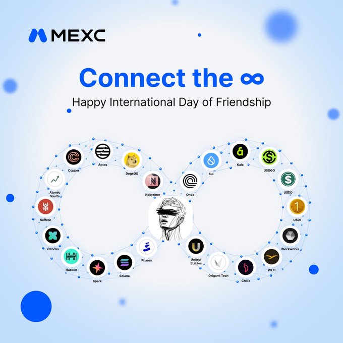 MEXC cryptocurrency exchange promotional graphic featuring 'Connect the ∞' and 'Happy International Day of Friendship' text with various crypto token logos arranged in infinity symbols.