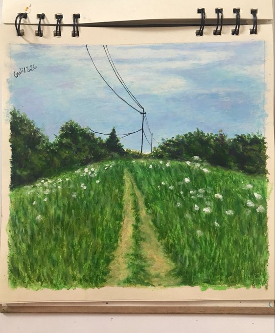 A pastel artwork in a sketchbook titled "Spring 2025" depicts a grassy path lined with white wildflowers leading toward a tree line under a partly cloudy sky with power lines overhead. The caption "Dreaming of spring" pairs perfectly with this hopeful, pastoral scene that has been sold to collector @jayray7_eth.