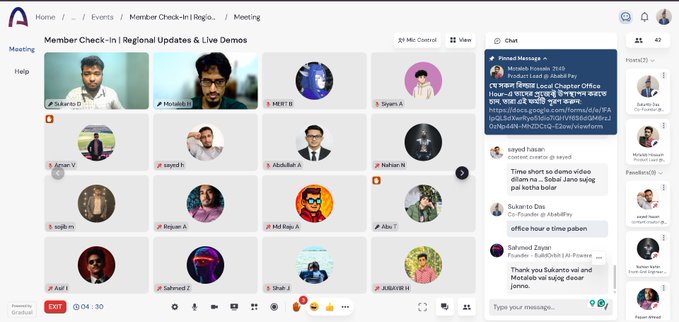 A video conference interface titled 'Member Check-In | Regional Updates & Live Demos' showing multiple participants and a chat panel with messages in English and Bengali.
