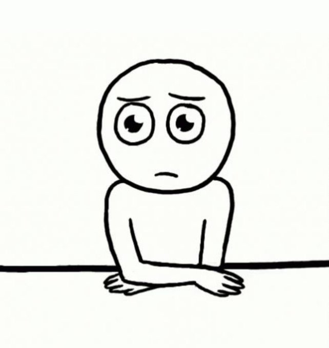 A simple black-and-white cartoon drawing shows a sad-looking stick figure sitting at a table with droopy eyes, furrowed brows, and a downturned mouth, resting its arms on the surface. The image humorously captures the exhausted, melancholic expression of someone who, when asked "Why are you still awake?", has no words left — just the look of pure tiredness.