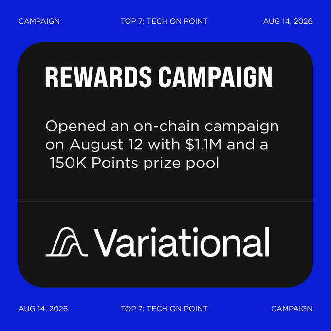 A promotional graphic dated August 14, 2026, featuring "Variational" branding on a black card against a blue background. The text announces that Variational opened an on-chain "Rewards Campaign" on August 12 with a $1.1M and 150K Points prize pool, aligning with news of the platform's aggressive trader acquisition effort.