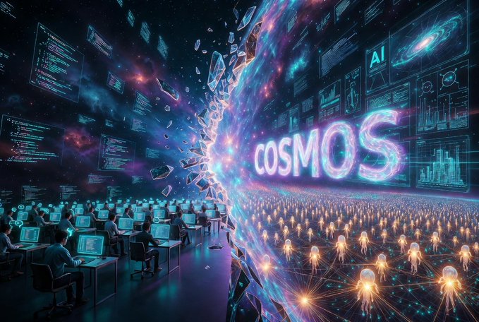 The image shows a group of people sitting at desks, working on computers with the word "Cosmos" displayed prominently above them. The scene takes place inside a futuristic office space or spaceship, creating an atmosphere of technological advancement and innovation.