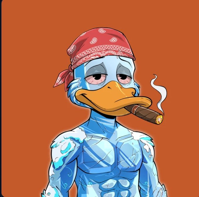 An illustrated cartoon character of a muscular blue anthropomorphic duck wearing a red bandana and smoking a cigar, set against an orange background.