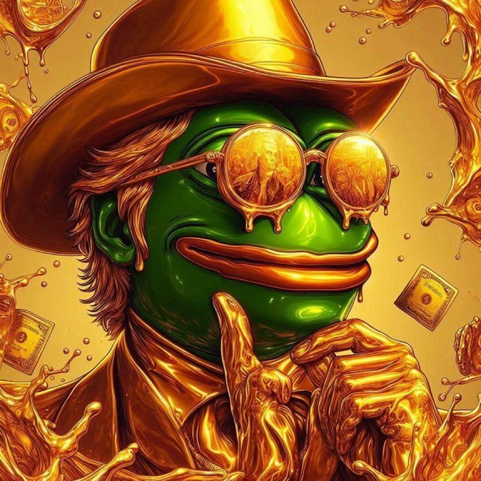 A stylized digital artwork of a green Pepe-style frog character wearing a golden cowboy hat and sunglasses, surrounded by splashing gold liquid.