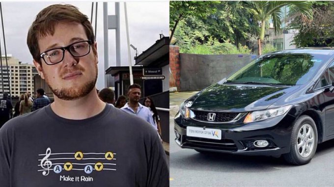 The image shows Dogecoin co-founder Billy Markus alongside a black Honda City Honda VX, illustrating the post's claim that he sold all his DOGE holdings in 2015 to buy a car—an investment that would have been worth over $45 million at the cryptocurrency's peak.