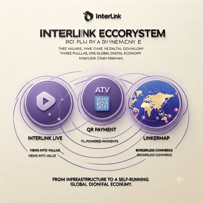An infographic titled 'INTERLINK ECCORYSTEM' displaying three purple circular icons labeled 'INTERLINK LIVE', 'ATV QR PAYMENT', and 'LINKERMAP', with garbled text describing a global digital economy.