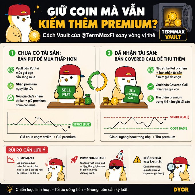 The image is an infographic in Vietnamese explaining how TermMaxFi's vault strategy rotates positions to earn premium while holding crypto, featuring a penguin mascot in a red cap. It outlines two scenarios: "Chưa có tài sản" (No assets yet) where the vault sells puts at desired buy prices, and "Đã nhận tài sản" (Assets received) where it sells covered calls above cost basis, with risk warnings about market dumps, rapid pumps, and verification of smart contracts.
