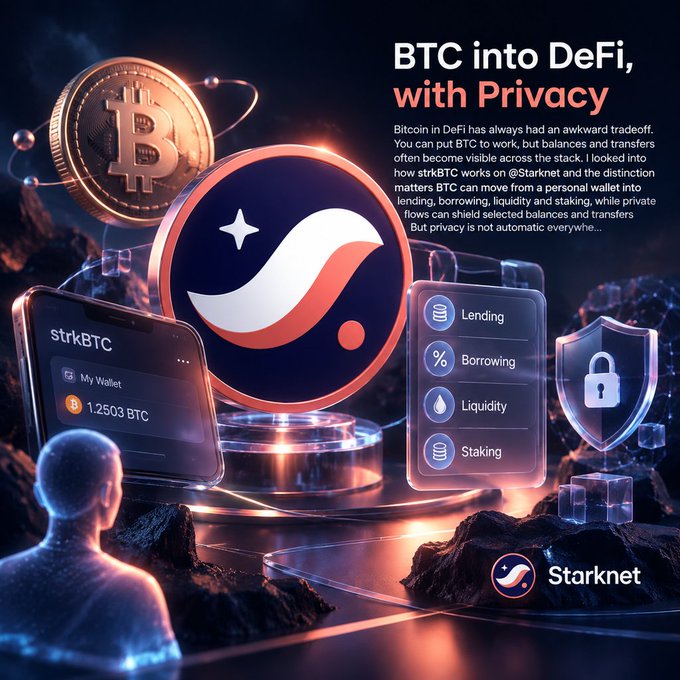 A promotional graphic for 'strkBTC' titled 'BTC into DeFi, with Privacy' shows a Bitcoin, the Starknet logo, and lists features like Lending, Borrowing, Liquidity, and Staking.