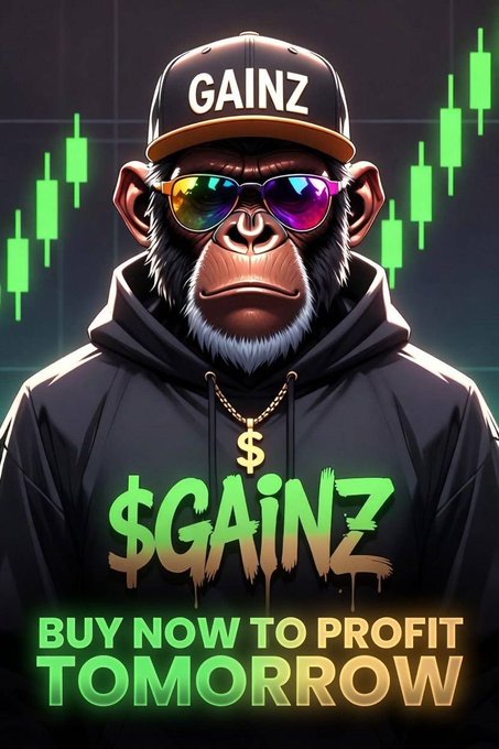 A cartoon monkey wearing a hat, sunglasses, glasses, and a hoodie with "Gainz" written across it. The Monkey's position shows that he is standing upright with his hands on his hips while looking directly at the viewer. In the background, there are stock symbols of bulls and bears in green color, indicating an advertisement for a gain or benefit scheme.