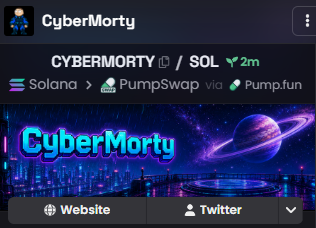 Screenshot of a cryptocurrency token page showing 'CyberMorty' (CYBERMORTY/SOL) on Solana via PumpSwap/Pump.fun, with a space-themed banner.