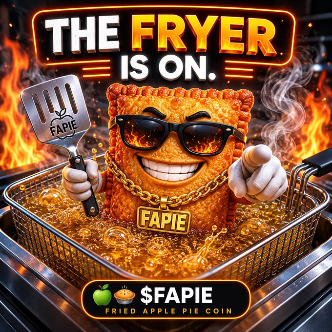 The image features a cartoon fried apple pie character, wearing sunglasses and holding a spatula over a frying pan filled with oil. The caption reads "THE BAKERY IS OPEN $FAPIE #Solana #PumpFun". This text is related to the Frye Pie coin that has been circulating on social media platforms.