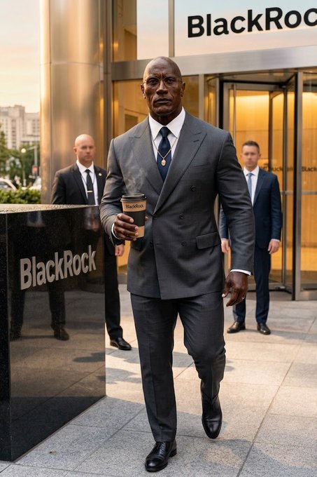 AI-generated image of a stern man in a gray suit holding a coffee cup, walking outside a BlackRock building with two security guards behind him.