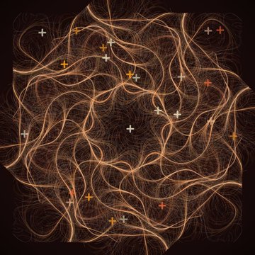 An abstract digital artwork features swirling, luminous copper-colored lines against a dark background, punctuated by small white and orange cross shapes.