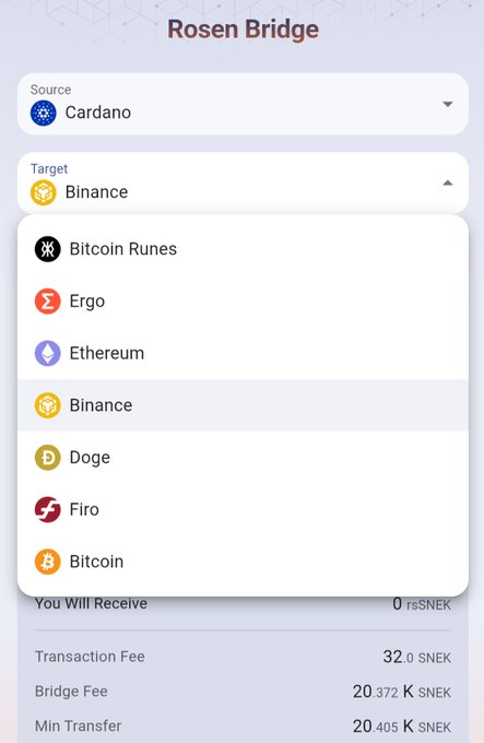 Screenshot of the Rosen Bridge interface with Cardano selected as the Source and a dropdown menu showing target options including Bitcoin Runes, Ergo, Ethereum, Binance, Doge, Firo, and Bitcoin, with visible fees in SNEK tokens.
