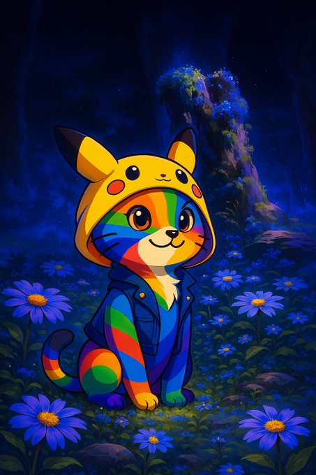 A vibrant digital illustration of a cat wearing a yellow Pikachu-style hood and a denim jacket, featuring a rainbow-colored face and body, sitting among blue daisy flowers at night.