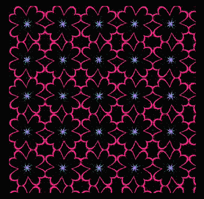 A repeating geometric pattern featuring pink and purple interlocking shapes that form four-pointed stars, with small light blue accents at the center of each star, set against a black background.