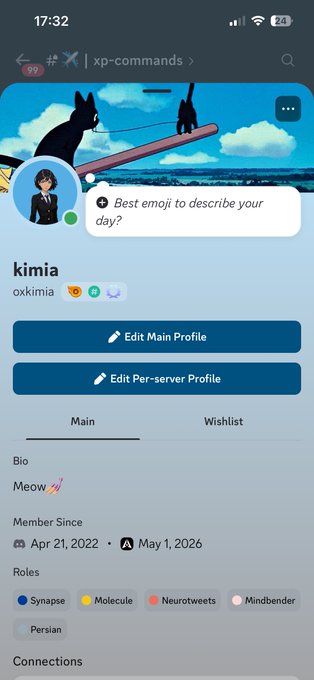 A mobile app profile screen for user "kimia" (oxkimia) on the "xp-commands" server, featuring a bio of "Meow" and roles including Synapse, Molecule, Neurotwe, Mindbender, and Persian.