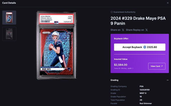 A screenshot of a card marketplace displaying a 2024 Panini Prizm Drake Maye Red Shimmer PSA 9 rookie card with a buyback offer of $2,325.60 and an insured value of $2,584.00, supporting the poster's claim of pulling a valuable Drake Maye card on Collector Crypt.