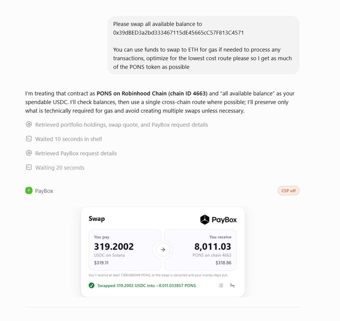 A PayBox interface screenshot showing a completed swap of 319.2002 USDC on Solana for 8,011.03 PONS tokens on Robinhood Chain (chain ID 4663), with a confirmation message that 319.2002 USDC was successfully swapped into ~8,011.033857 PONS. The image illustrates the discovery of PayBox's new cross-chain swap capabilities, specifically enabling conversions to PONS on Robinhood Chain.