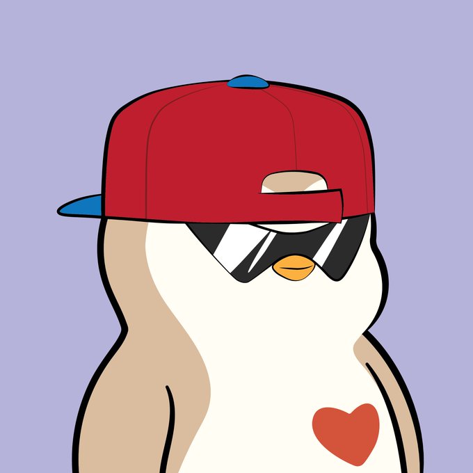 A cool penguin NFT character wearing a red snapback cap and white sunglasses with a heart on its chest, embodying the unattainable and exclusive nature suggested by the caption about never being able to own this prized digital collectible.