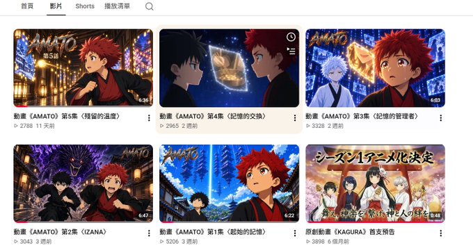 A YouTube channel page showing a grid of animated video thumbnails titled 'AMATO' with episode titles in Traditional Chinese, such as '《AMATO》第5集' and '《AMATO》第4集'.