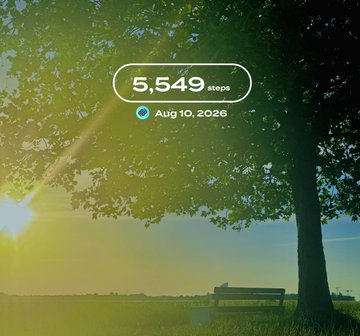A fitness tracking screenshot displaying 5,549 steps taken on Aug 10, 2026, set against a sunny outdoor background with trees and a bench.