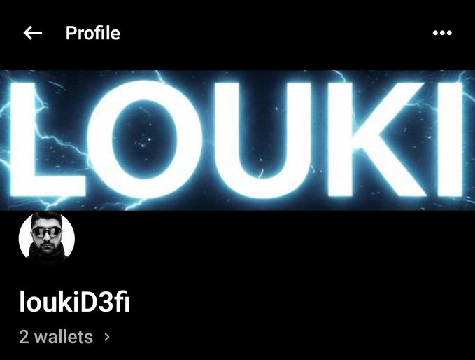 A mobile profile screen displaying 'LOUKI' in glowing electric-blue letters as the banner, with username 'loukiD3fi' and '2 wallets' shown below.
