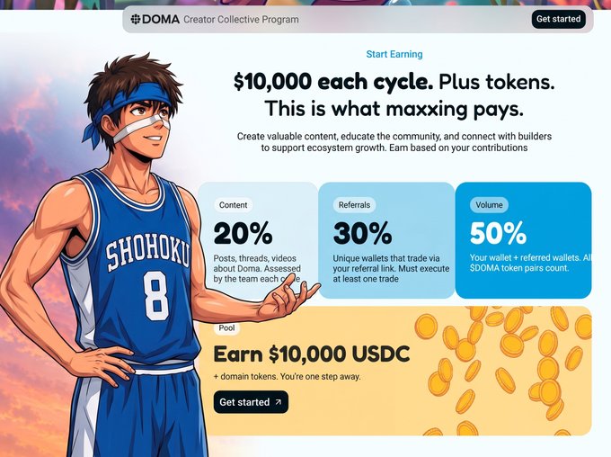 A promotional banner for the DOMA Creator Collective Program features an anime-style basketball player in a Shohoku #8 jersey, offering earnings of $10,000 USDC each cycle plus tokens.