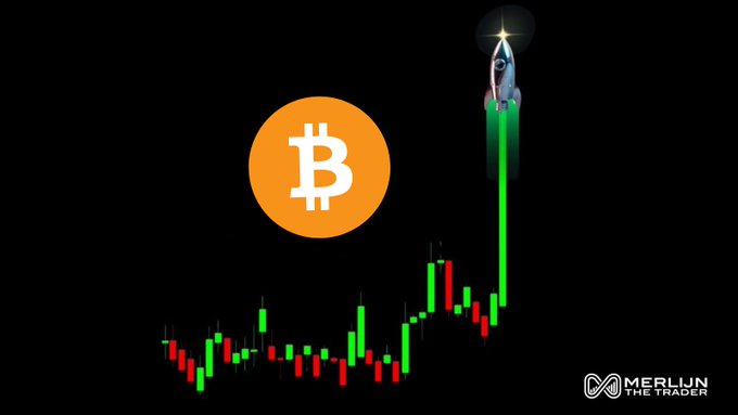 A Bitcoin logo sits beside a green candlestick chart rocketting upward, with a rocket ship blasting off at the peak—visually capturing Bitcoin's surge past $71,000 toward an $80K target. The image is branded with "MERLIJN THE TRADER" in the bottom corner.