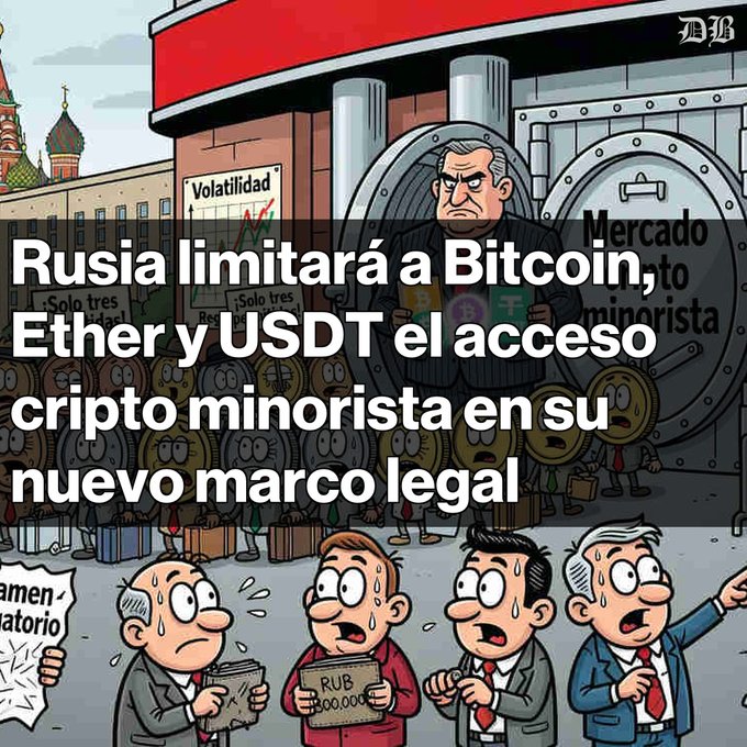 The image shows a group of cartoon characters standing around an ATM machine with a sign that says "Ether y USBT" above it, indicating that they can access Bitcoin through this ATM. The characters are holding bags, suggesting they might be carrying money or other items. The text in the image reads "Rusia limitara a Bitcoins, Ether y USBT el acceso cripto minimorista en su su ... nuevo marco legal". This translates to "Russia limits access to Bitcoin,ether and USBT", which is related to the post about Bitcoin and its impact on the banking system.