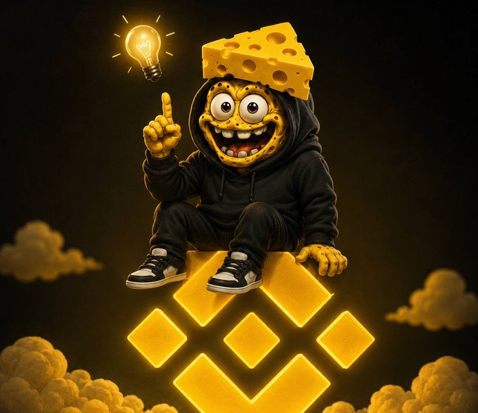 A 3D cartoon character with a cheese-themed face wearing a black hoodie and sneakers, sitting on a glowing Binance logo with a lightbulb above its finger.