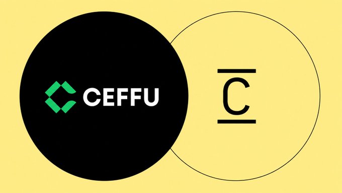 The image features the Ceffu logo (green cube icon with "CEFFU" text) inside a black circle, alongside a stylized "C" symbol on a yellow background. This visually represents Ceffu's partnership announcement, symbolizing the connection between institutional custody and on-chain digital asset utility through their AssetCX platform.