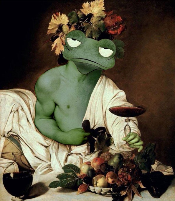 A classical Renaissance-style painting (Caravaggio's 'Bacchus') but with Kermit the Frog's face edited onto the figure, wearing a grape leaf crown and holding a goblet.