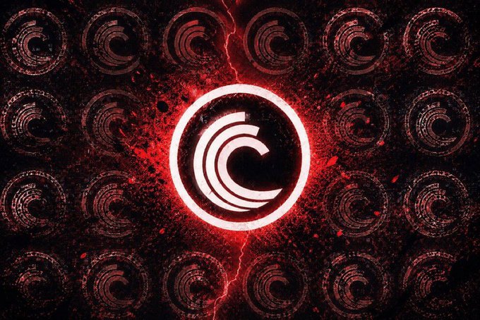 A glowing red and white "C" logo, resembling the copyright symbol, is prominently displayed against a dark background filled with a repeating pattern of the same logo and cracked textures. The image visually reinforces the post's message about being "early," using the "C" symbol as a metaphorical emblem for established opportunities like BitTorrent that are built in plain sight.