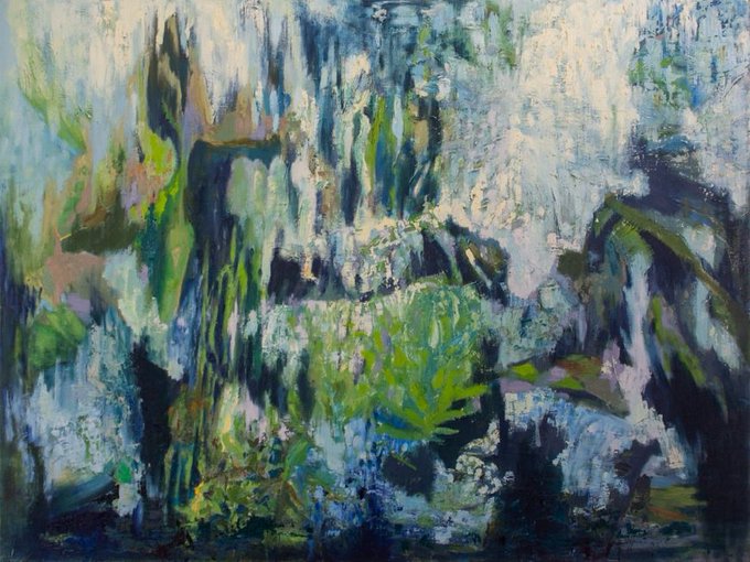 An abstract painting featuring textured brushstrokes in shades of blue, green, white, and black, suggesting a natural landscape.
