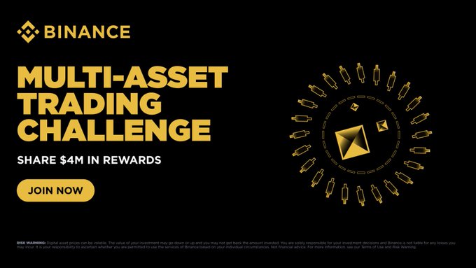 A Binance promotional banner for a 'MULTI-ASSET TRADING CHALLENGE' offering 'SHARE $4M IN REWARDS' with a 'JOIN NOW' button and stylized gold graphics on a black background.
