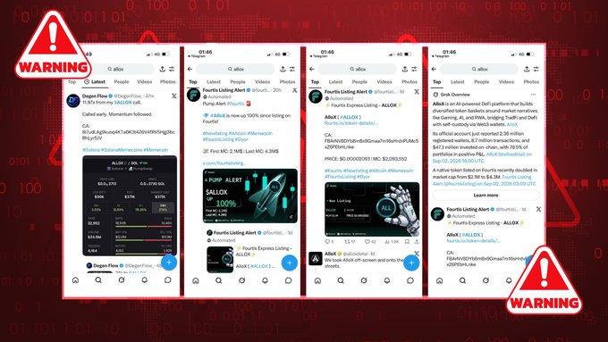 A red-themed graphic displays a 'WARNING' header with screenshots of social media posts and alerts related to the crypto token $ALLOX from 'Fourth Listing Alert'.