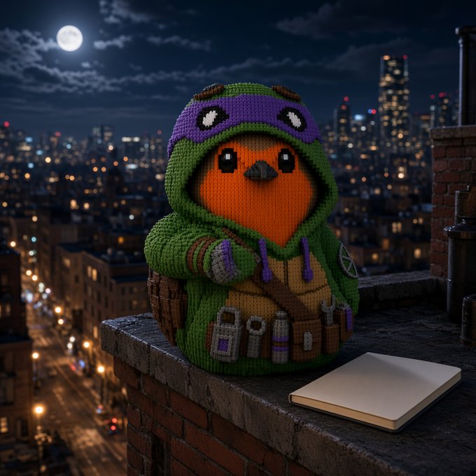 A crocheted amigurumi of Michelangelo from the Teenage Mutant Ninja Turtles wearing his signature purple mask sits on a brick rooftop ledge beside a blank notebook, with a moonlit cityscape in the background.