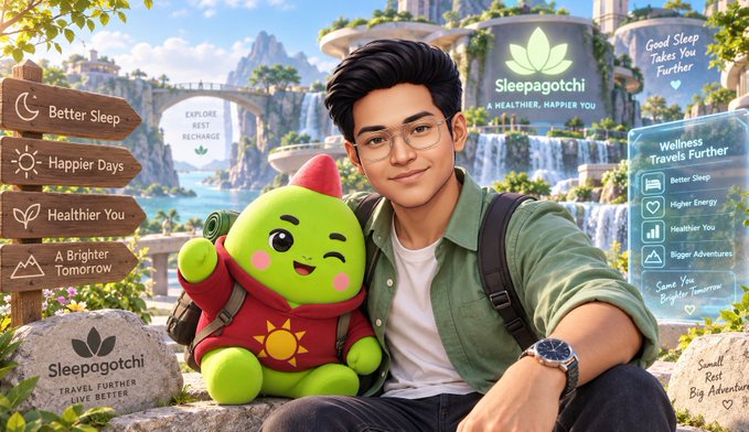 A digital artwork features a person with glasses posing alongside a green mascot character, with signs in the background reading 'Sleepagotchi', 'Better Sleep', 'Happier Days', and 'Healthier You'.