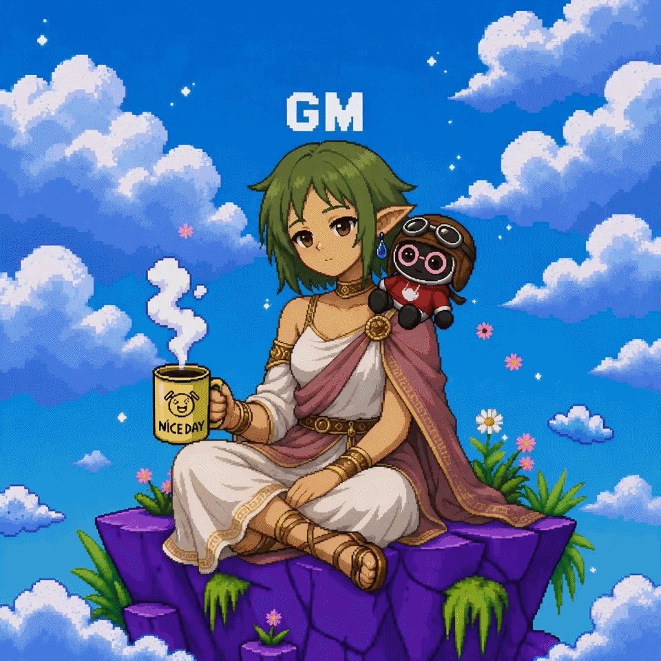 The image features a woman sitting on a rock, holding a cup of coffee while wearing a white dress with gold accents. She has a small stuffed animal next to her. The background shows a blue sky filled with clouds, giving the scene an artistic touch. The caption "Good morning if you Gm One thing I find interesting lately is how different projects are solving very different infrastructure challenges" suggests that there might be a connection between the woman's outfit and the post about community participation in expanding opportunities through campaigns like @useTria.