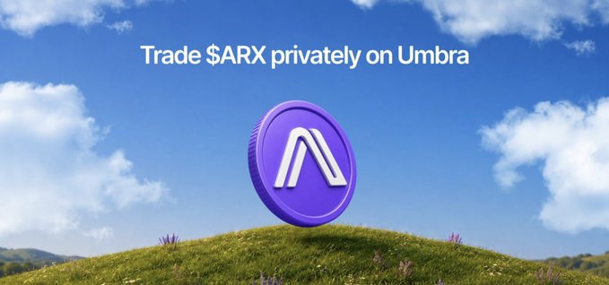 A purple ARX token coin displayed on a grassy hill against a blue sky with clouds, advertising 'Trade $ARX privately on Umbra'.